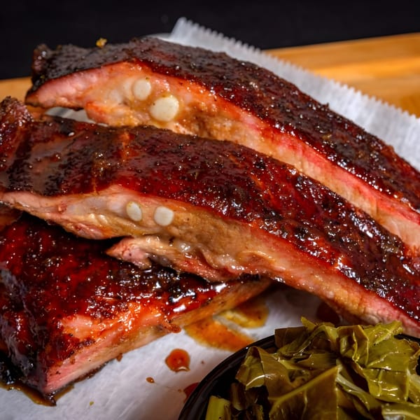 Adam's Rib Co. BBQ ribs, glistening with sauce, served with a side of collard greens.