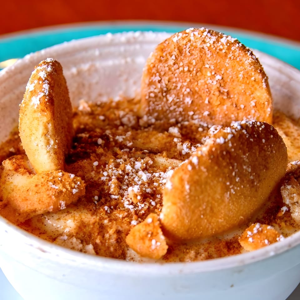 Close-up of Adam's Rib Co. banana pudding with vanilla wafers, cinnamon, and powdered sugar.