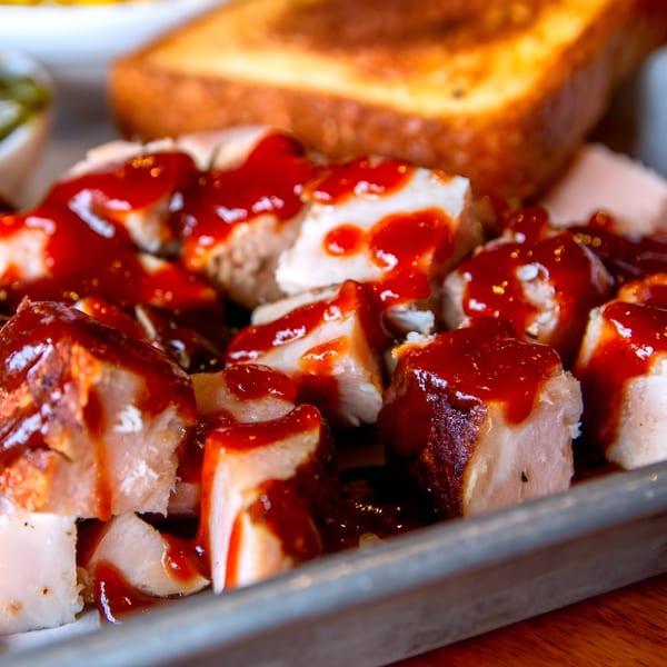 Close-up of Adam's Rib Co. BBQ chicken chunks drenched in red sauce with toasted bread.